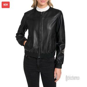 Collarless Leather Bomber Jacket with Welt Pockets, Fully Lined